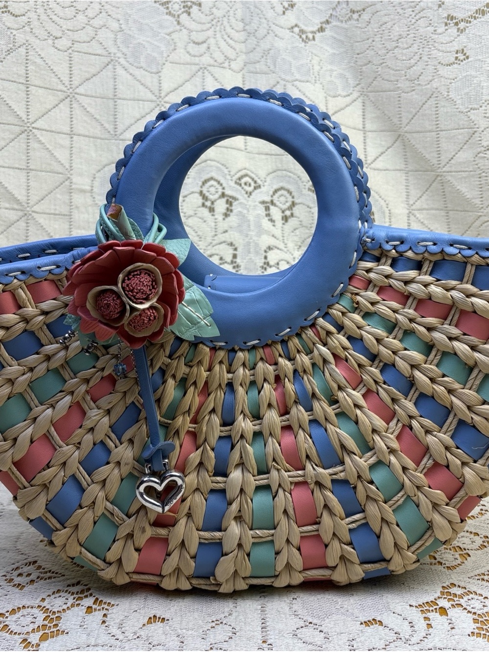 Brighton Woven Straw Leather Top Handles Pink Blue Green